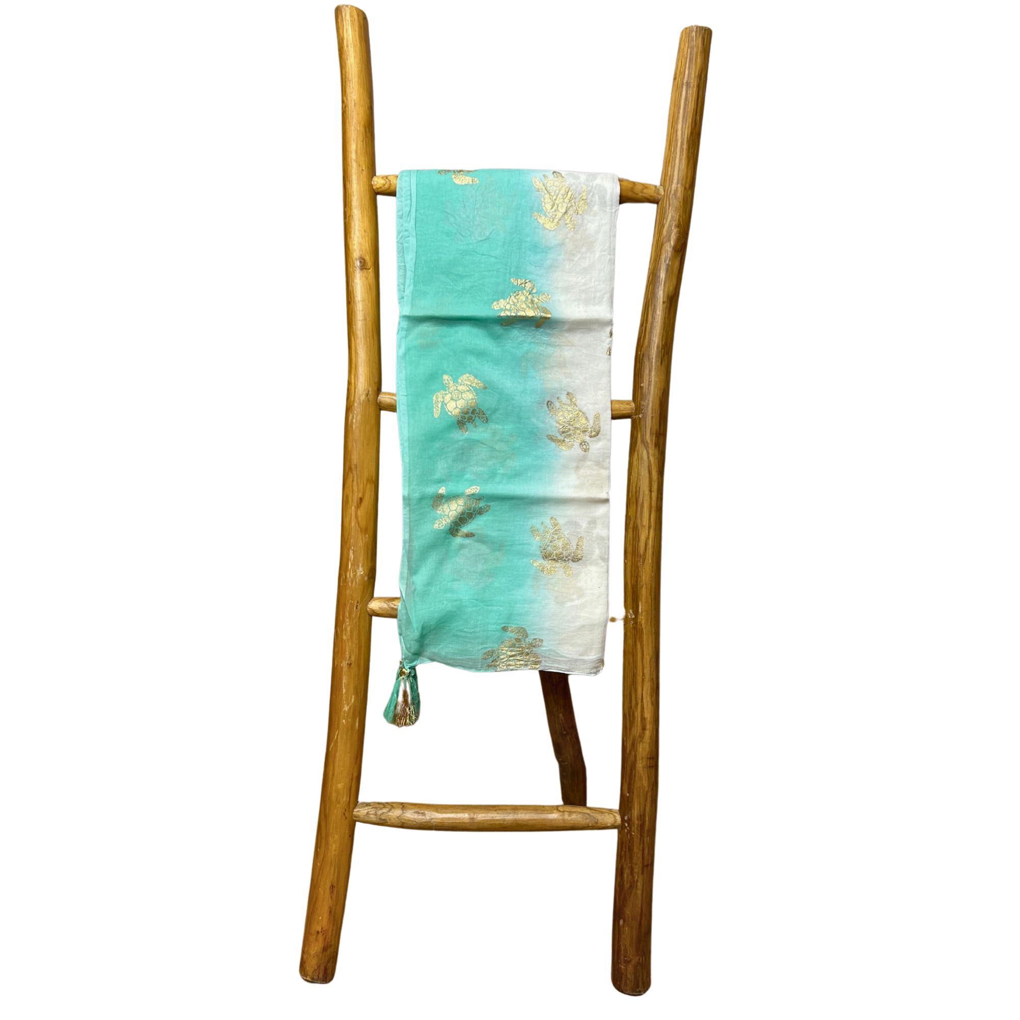Colección Nómada Sari Mediterráneo - Pareo - Diseño de Tortuga en Blanco, Turquesa y Oro