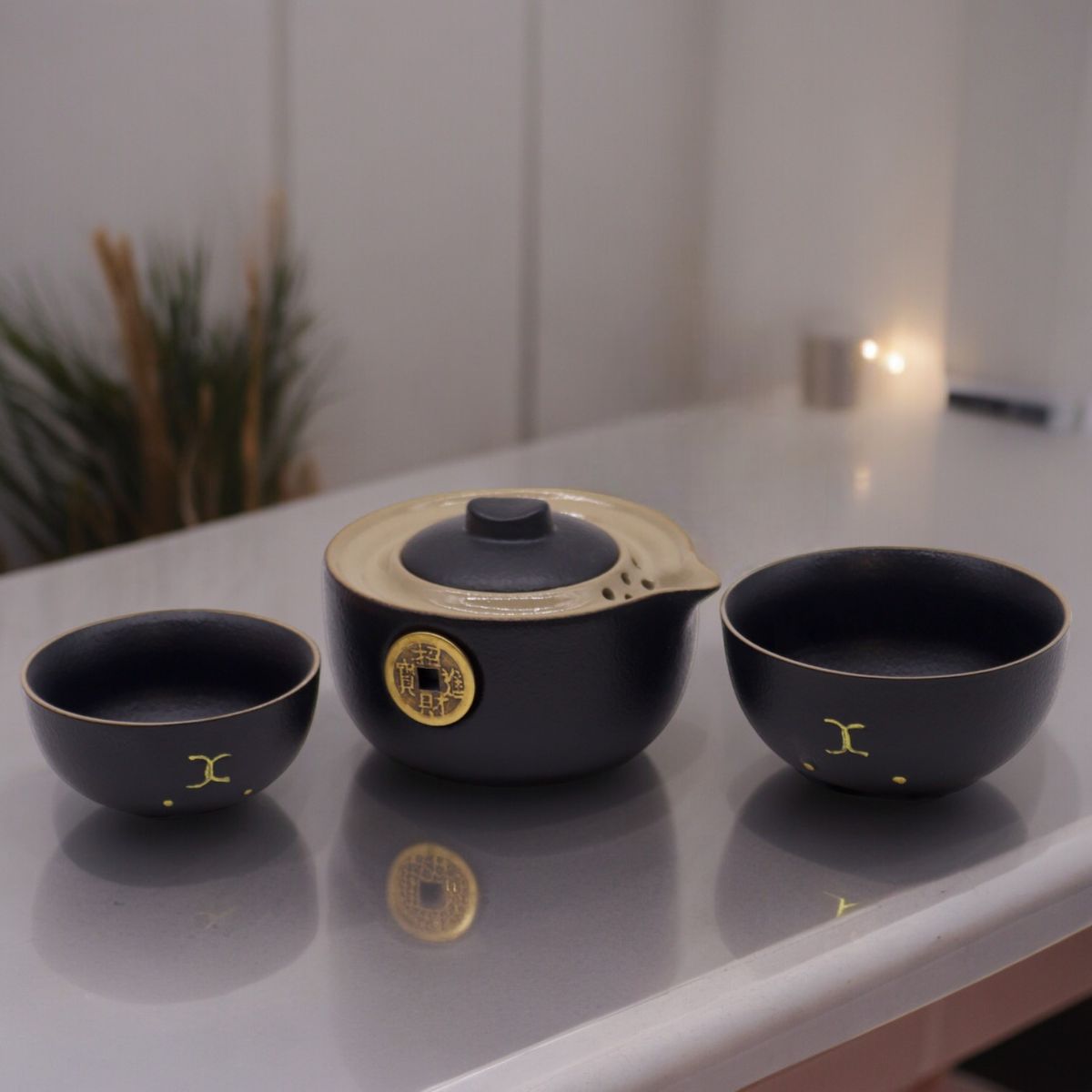 Conjunto de Chá Gato da Sorte - Duas Chávenas - Conjunto de Viagem - Preto