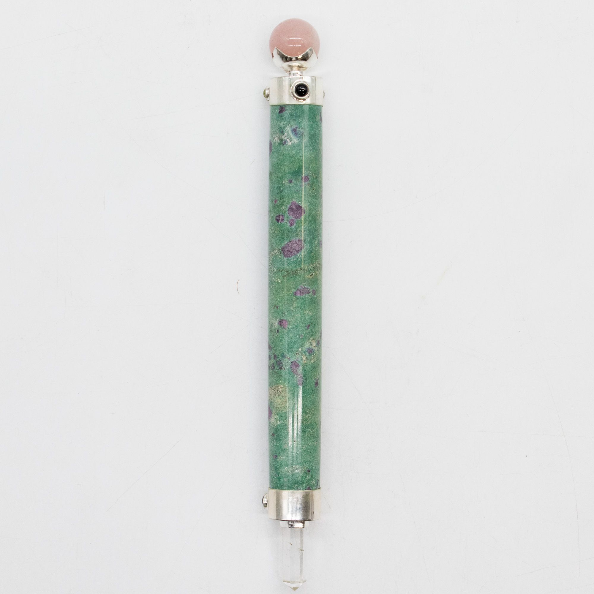 Varita de Corazón Verde - Rubí Fuchsite Cuarzo Rosa con bola de cristal en la parte superior - 23 cm