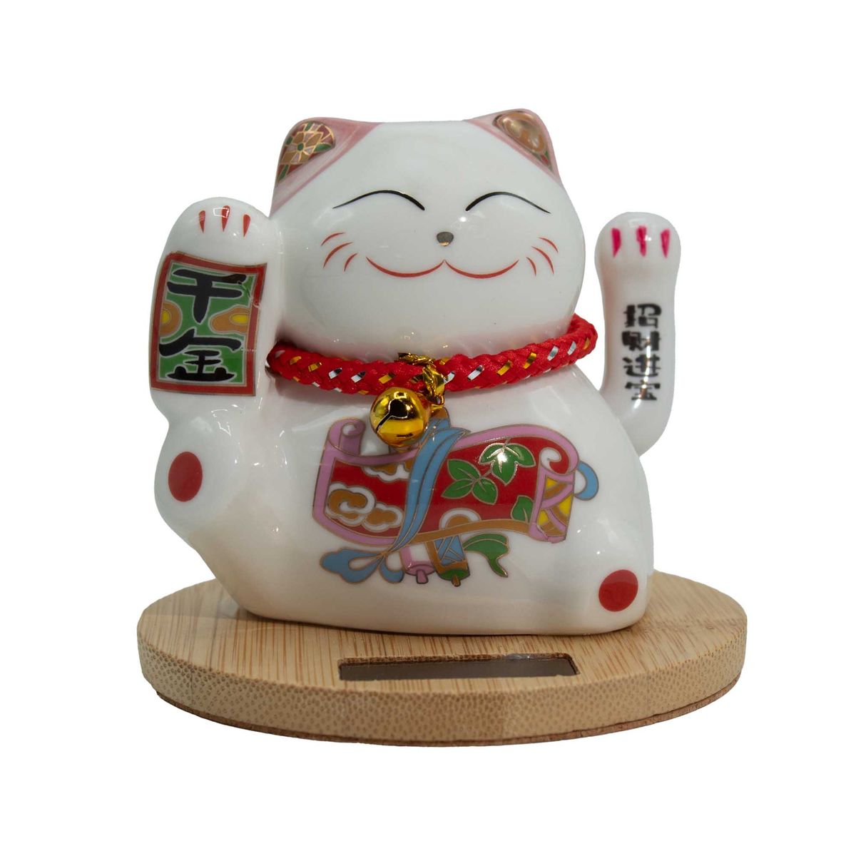 Gato da Fortuna solar com base de madeira - Mão rosa móvel