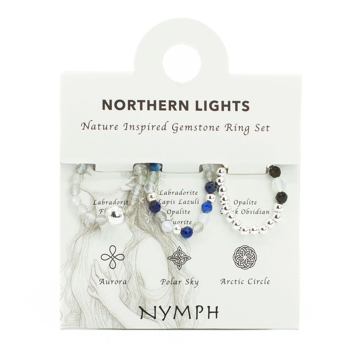 Conjunto de anéis com gema do espírito da ninfa - Aurora boreal