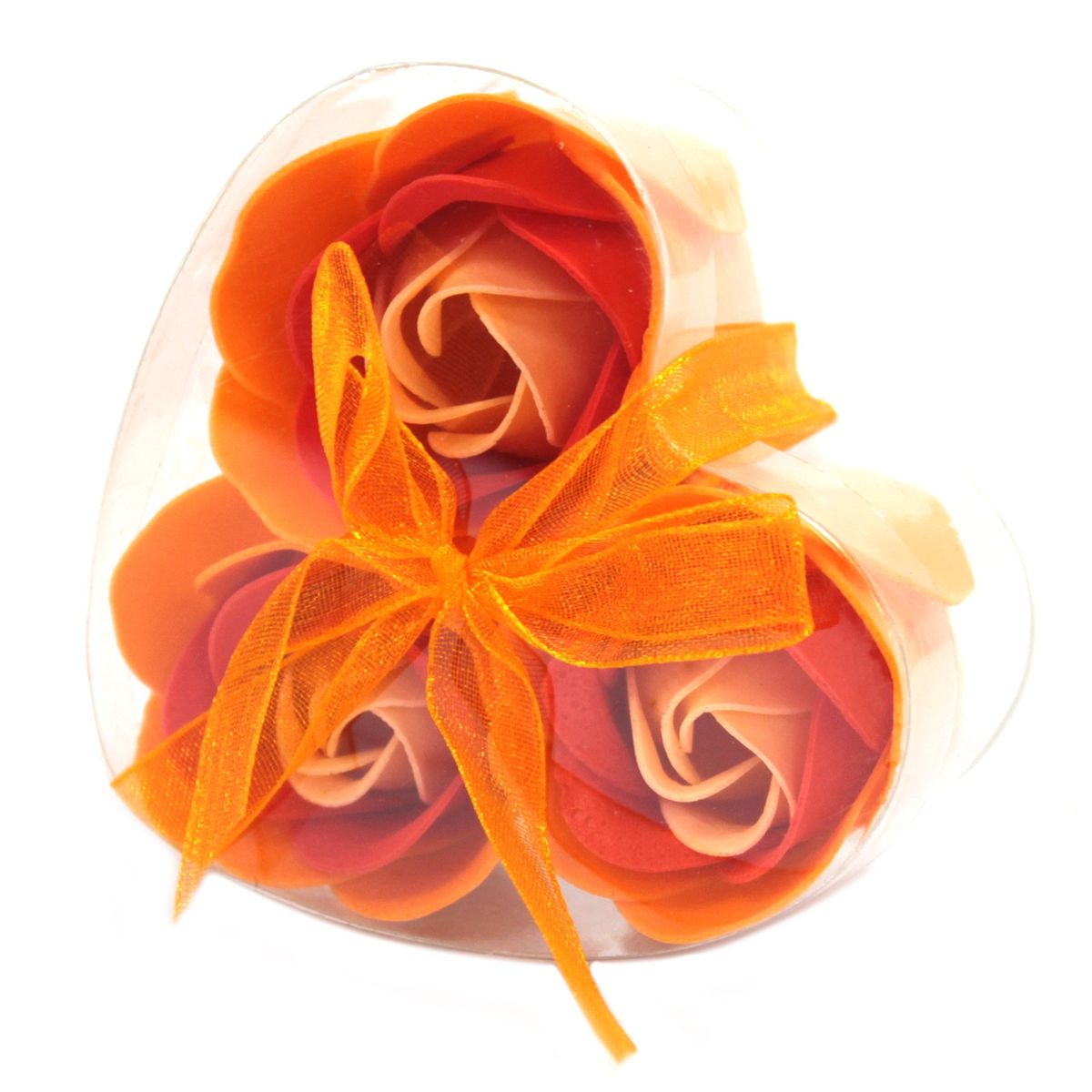 Conjunto de 3 flores de sabonete em caixa em forma de coração - rosas pêssego