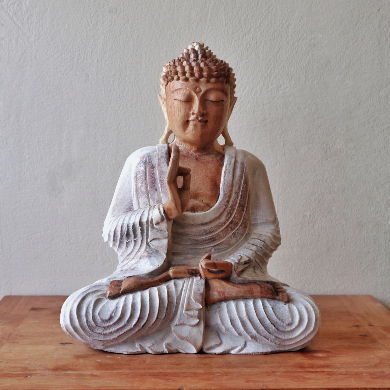 Handgeschnitzte Buddhastatue - 40cm Übertragung lehren - Weißgewaschen