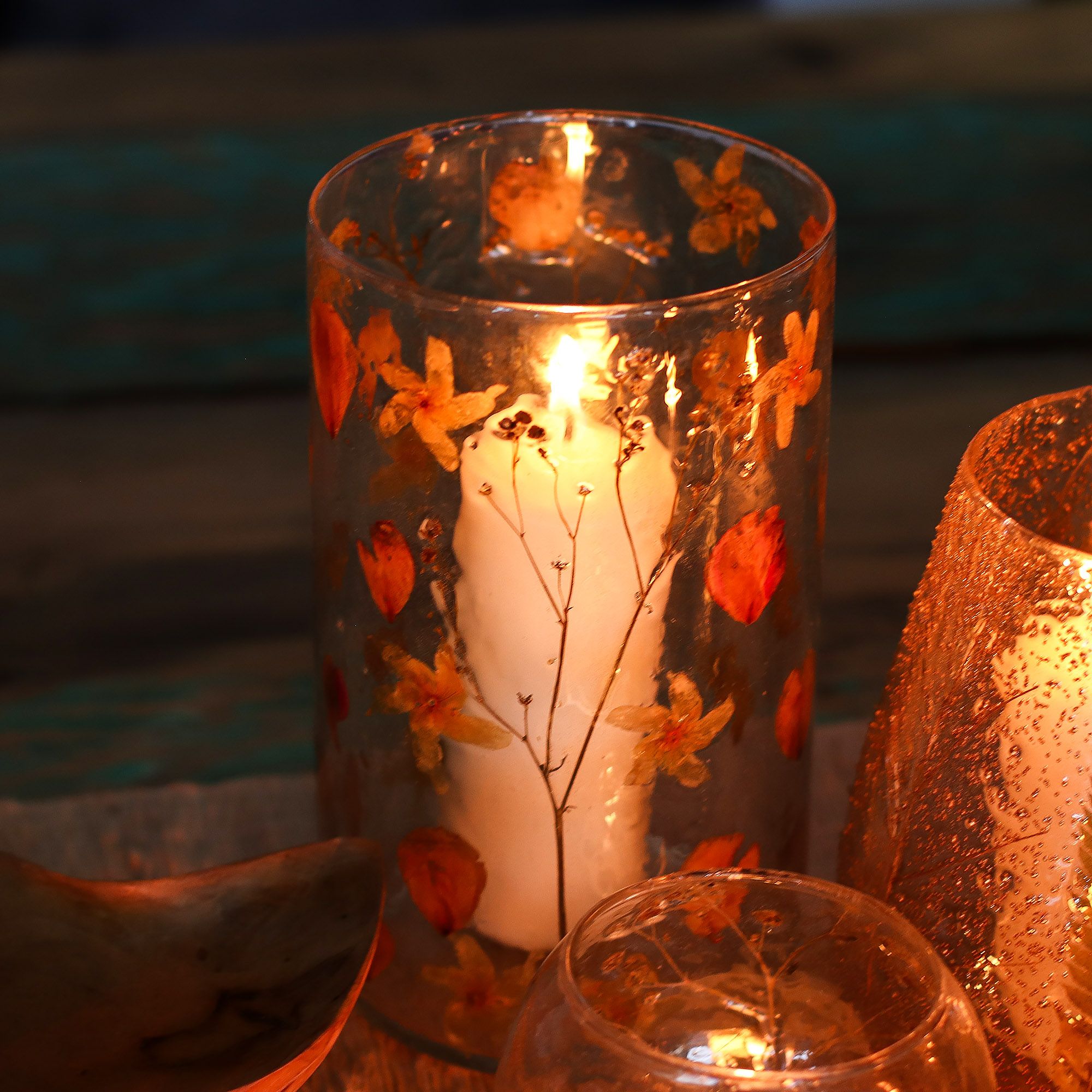 Recycled Glass Tall Vase Candle Holder with Real Dried Flowers - 19x11cm