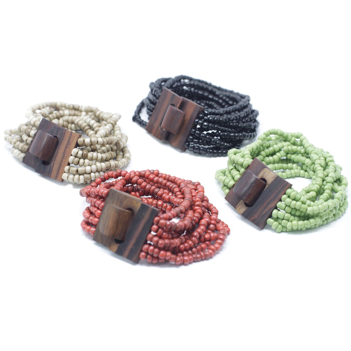 Pulseira com contas múltiplas e fecho de madeira - Sortido de cores