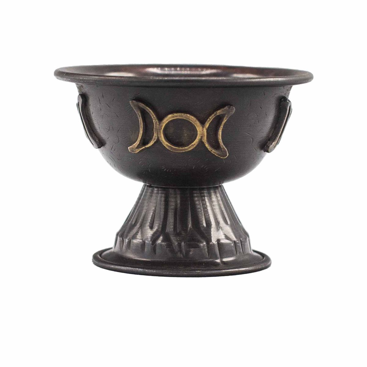 Cálice ritual antigo de cobre com tripla lua 10x8 cm