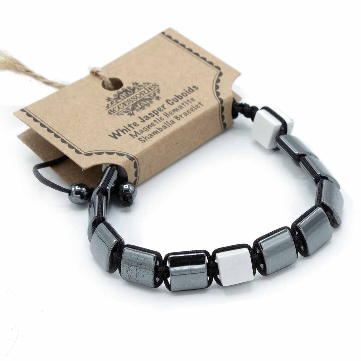 Pulseira Magnética Shamballa de Hematite - Cubóides de Jaspe Branco