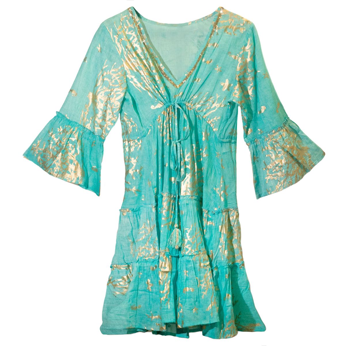 Nomad Sari No Mediterrâneo Turquesa e Dourado Estampado de Coral Vestido (M/L)