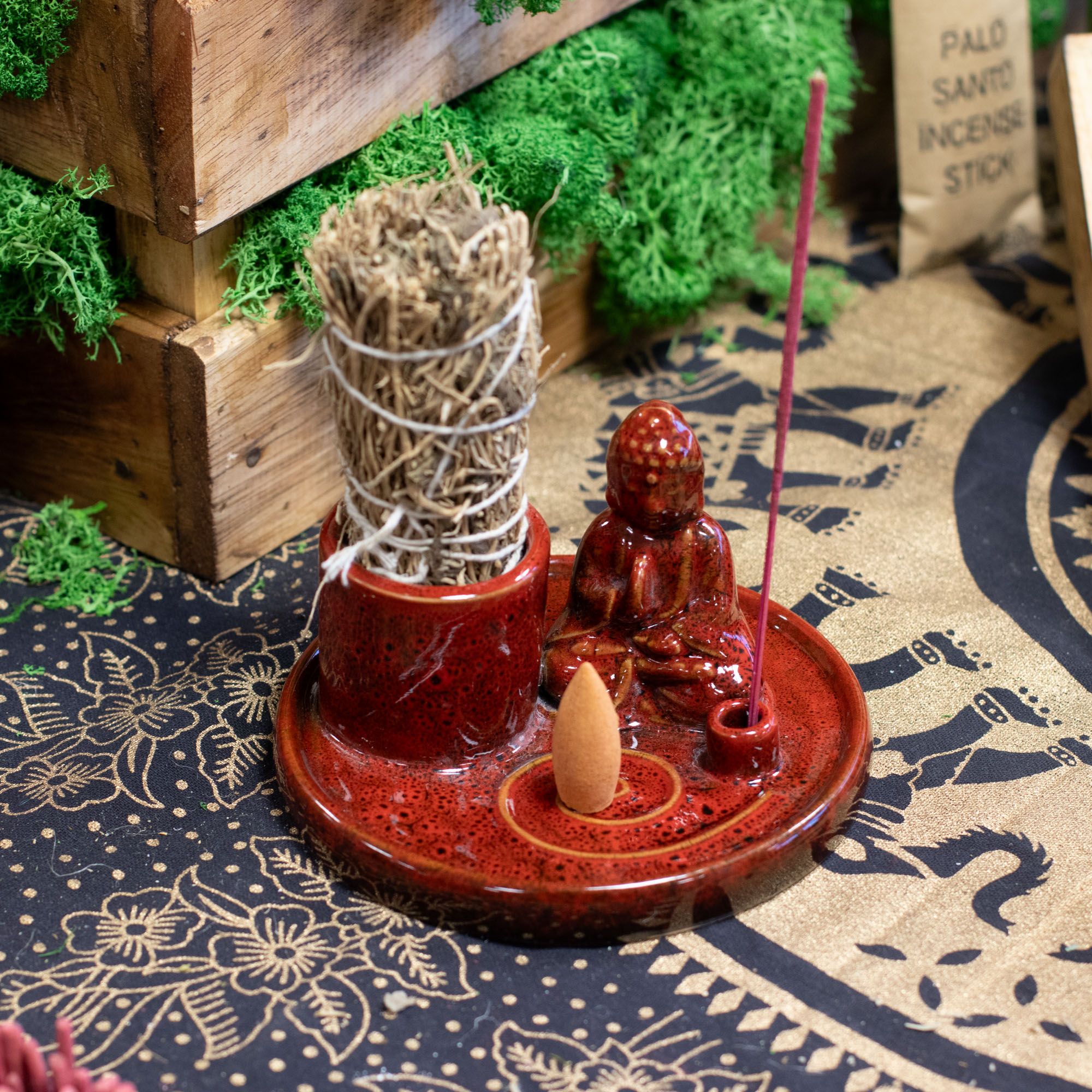 Multi Purpose Buddha Incense Plate - Ceramic Soft Red
