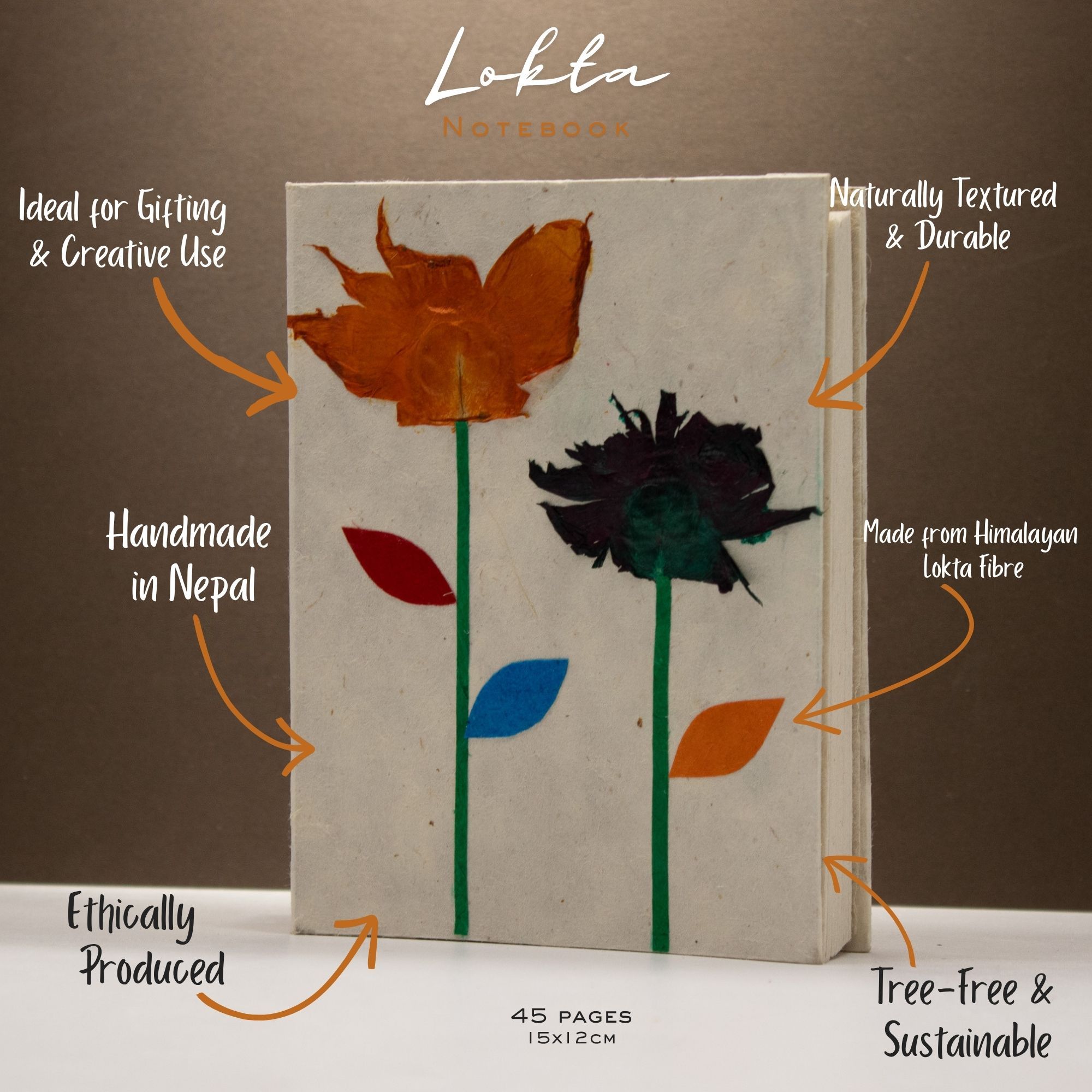Med Lokta Notebook (15x12cm) - 45 leafs - Crafted Real Himalayan Floral Design