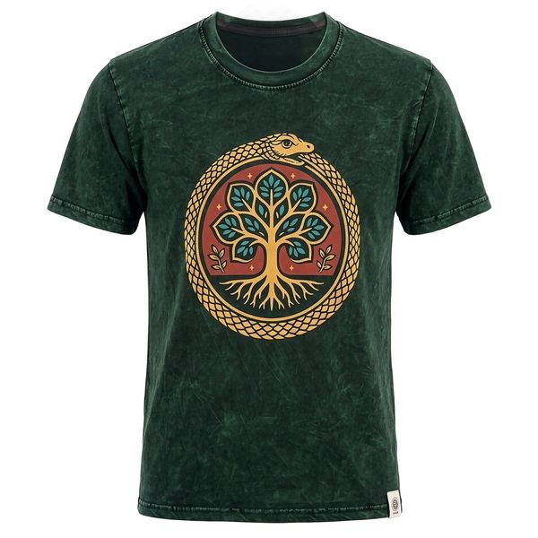 Nomad Sari Camiseta de algodón lavado a piedra - Árbol de la Vida - Verde - XL