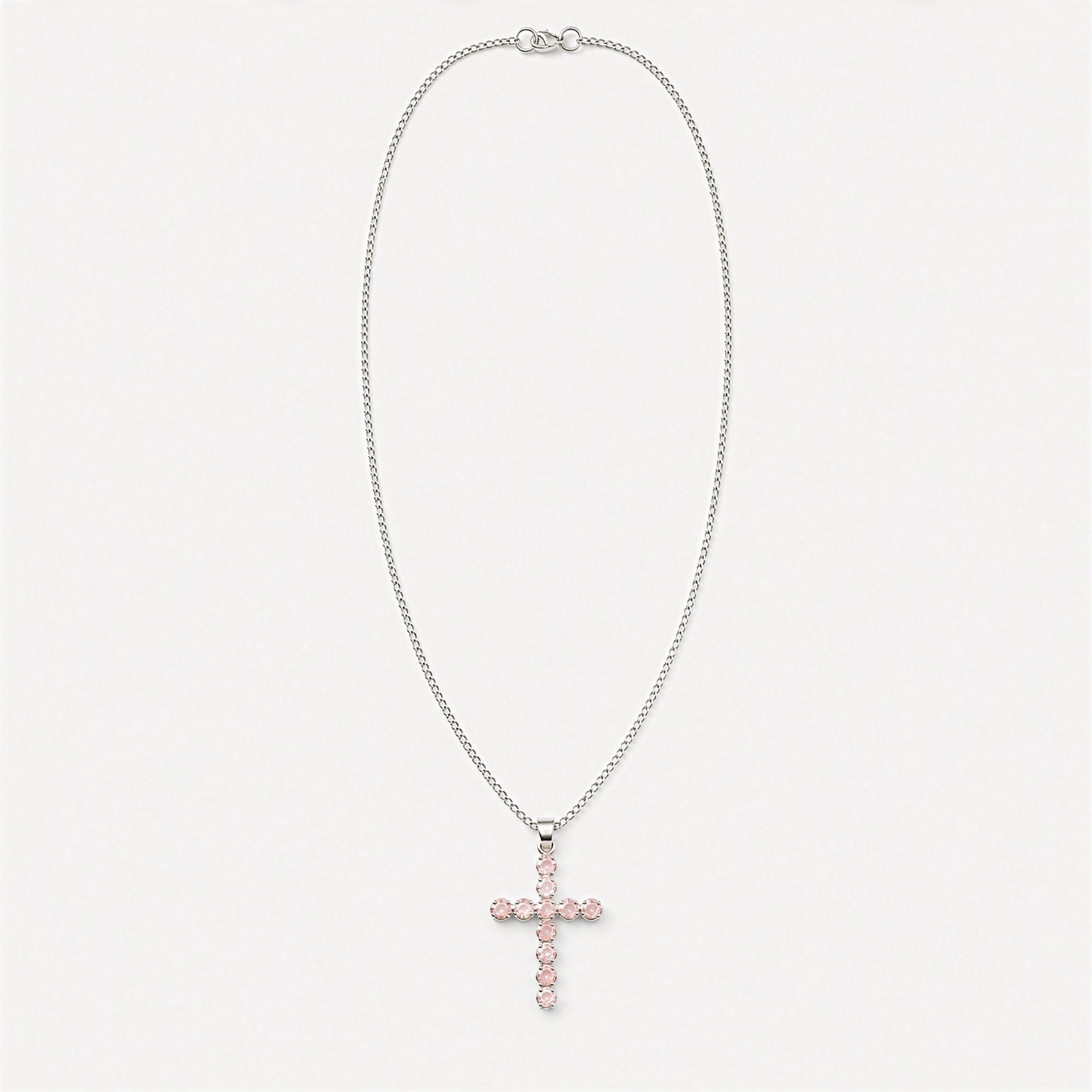 Colgante devocional de la India - Chapado en plata (cadena de 45 cm) - Crucifijo de cuarzo rosa