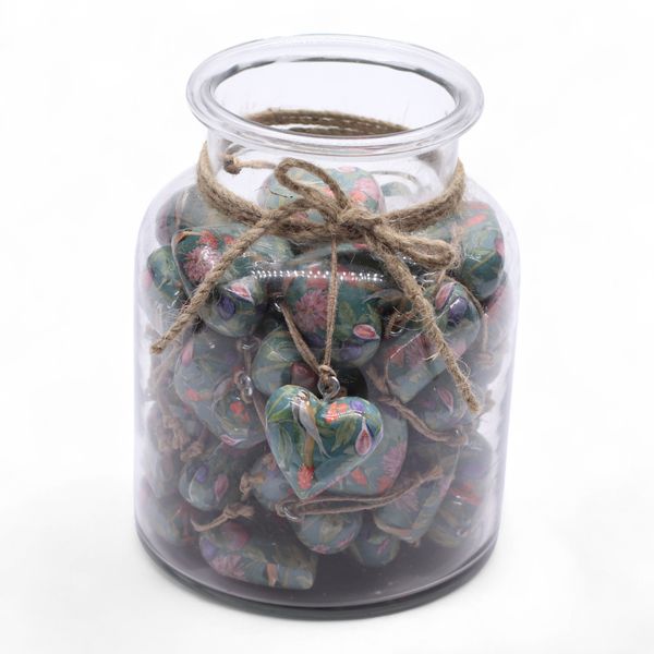 Голямо дървено декоративно сърце - Птици и флорални мотиви - в буркан за експозиция