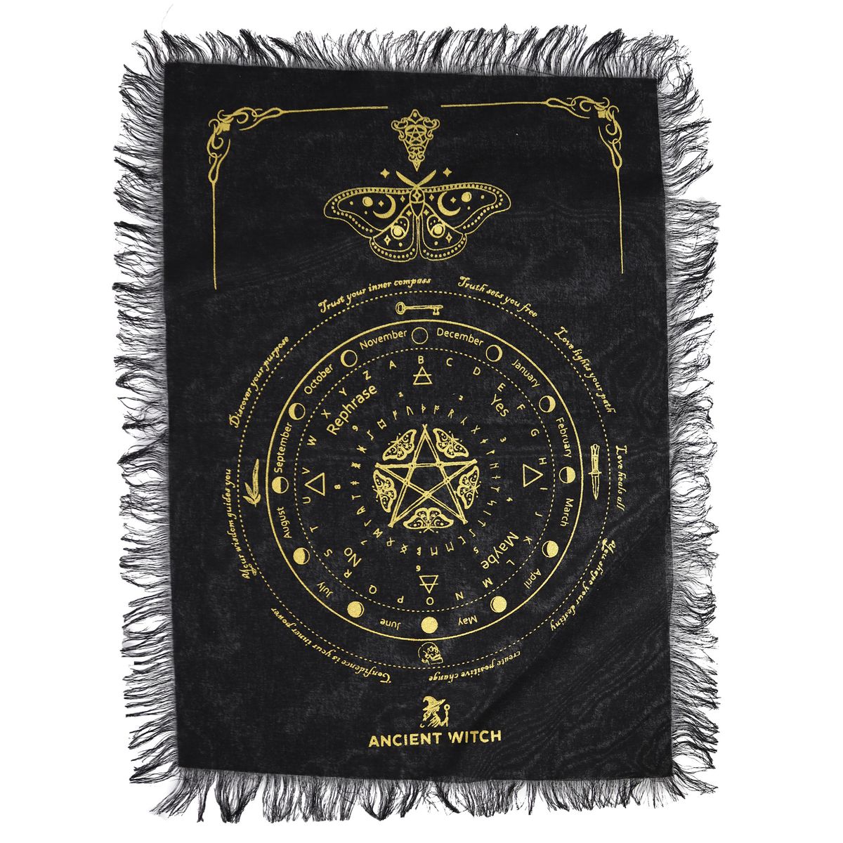 Pano de adivinhação com pêndulo de bruxa antiga - Borboleta mística - Preto e dourado