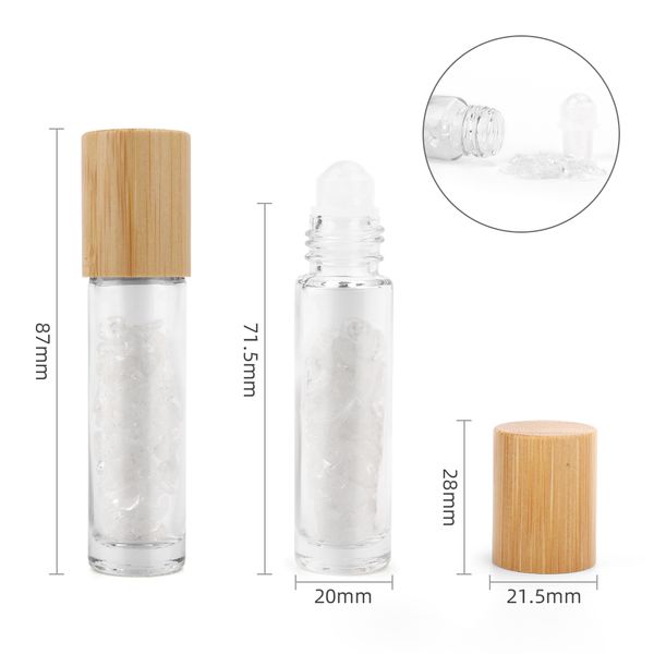 Gemstone Essential Oil Roller Bottle - Rock Quartz  - Wooden Cap + Gemstone Roller Tip for 5ml Bottle - Rock Quartz
