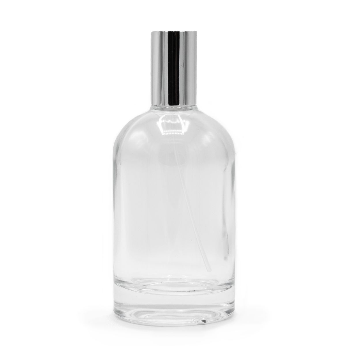 Frasco redondo e robusto de 100 ml, pulverizador prateado e tampa