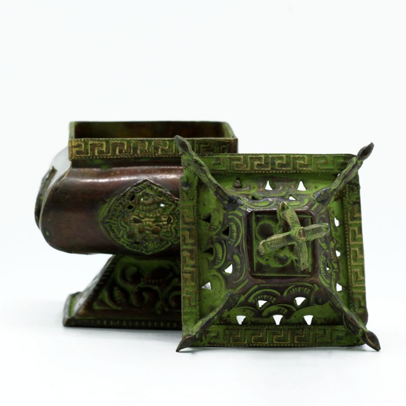 Brûleur tibétain Verdigris en laiton - Pot carré sur pied à quatre symboles