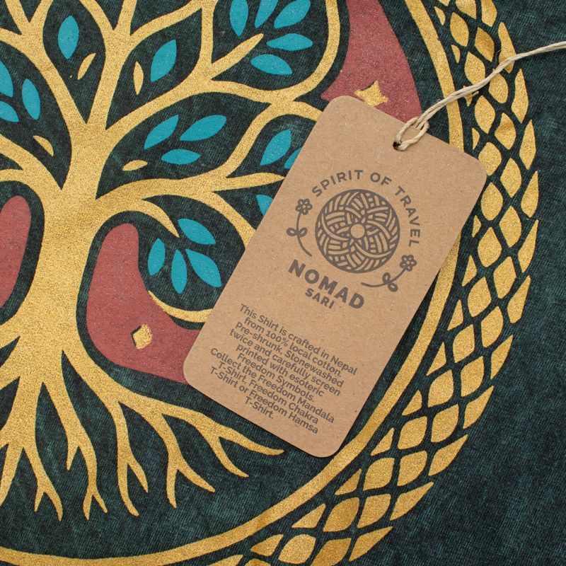Nomad Sari Camiseta de algodón lavado a piedra - Árbol de la Vida - Verde - Mediano