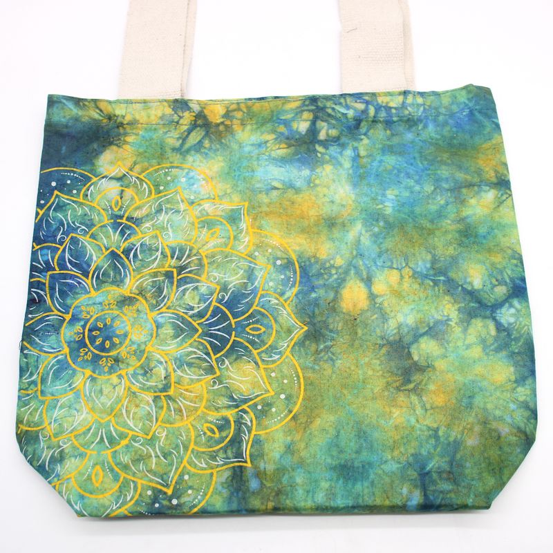 Bavlněná Taška (6oz) - 38x42x12cm - Mandala - Zeleno-Modrá - Přírodní Popruhy