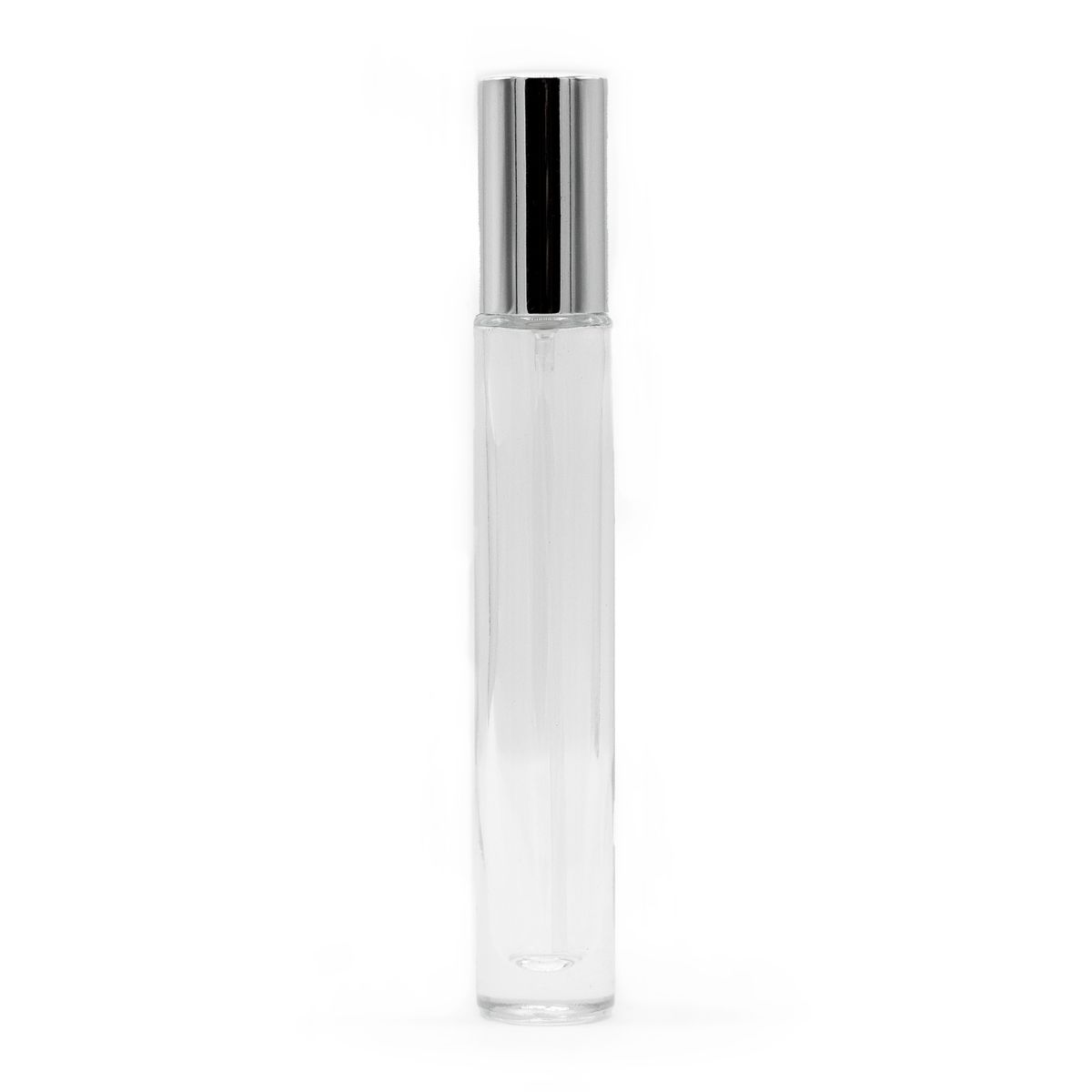 Frasco redondo, alto e fino de 10 ml, pulverizador prateado e tampa