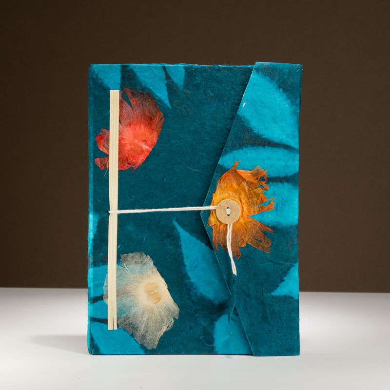 Lrg Lokta Bold Floral Notebook (21x15cm) - 45 leafs - inc bookmark - Midnight Blue