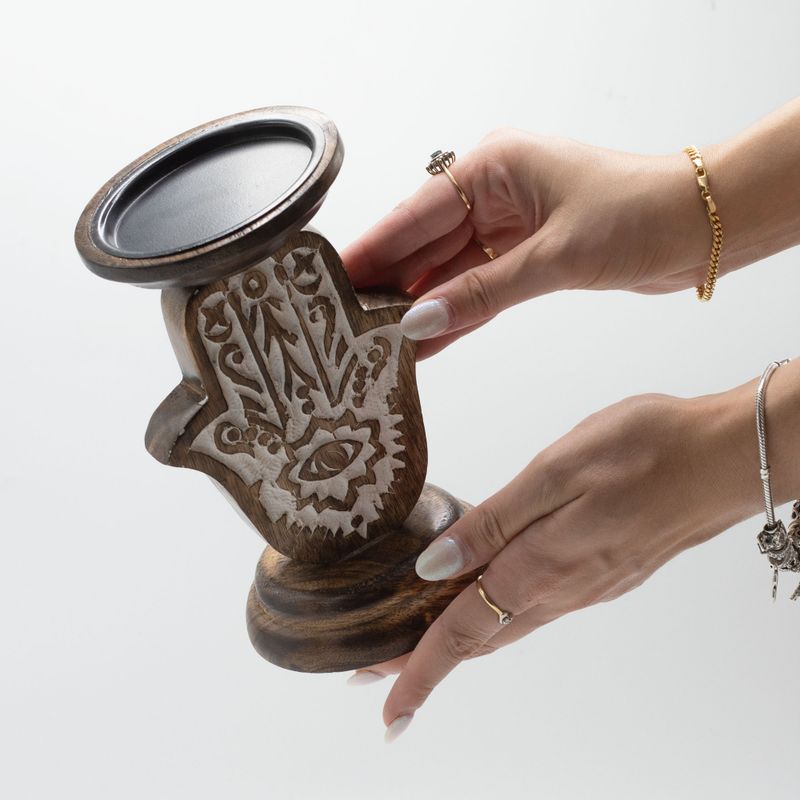 Support de bougie en bois de mangue - Hamsa - Petit 18x11cm