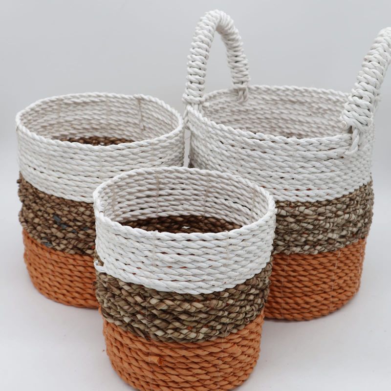 Ensemble de Paniers en Jonc de Mer - Orange / Naturel / Blanc