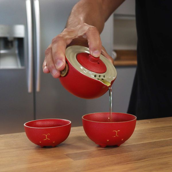 Ensemble de théière Money Cat - Deux tasses - Pack de voyage - Rouge