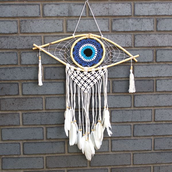 Protection Dream Cather - Med Macrame Evil Eye Azul / Branco / Preto