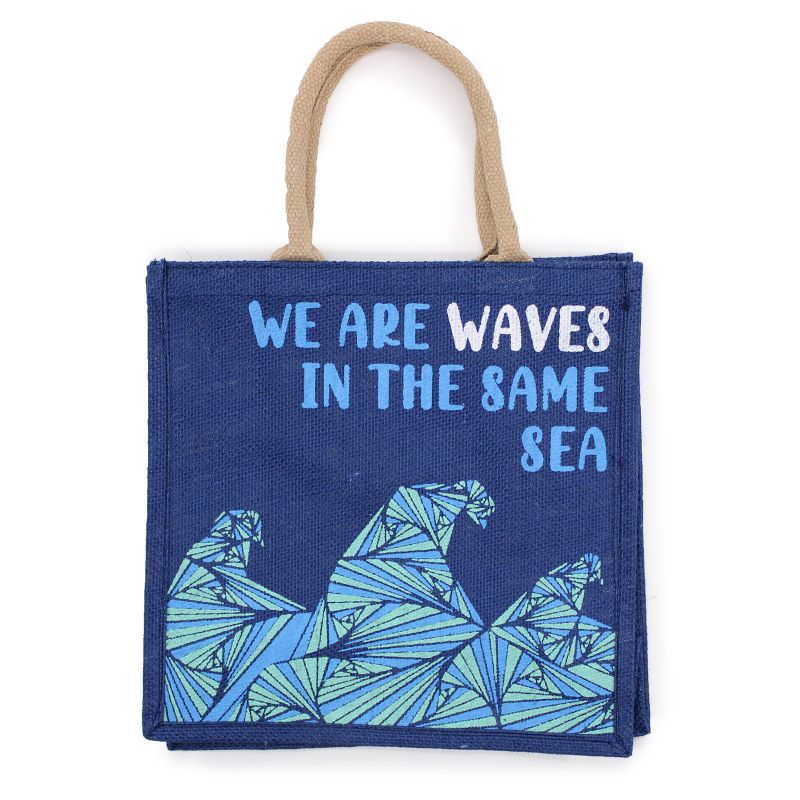 Принтирана джутова чанта - We are Waves - Сив, син и естествен