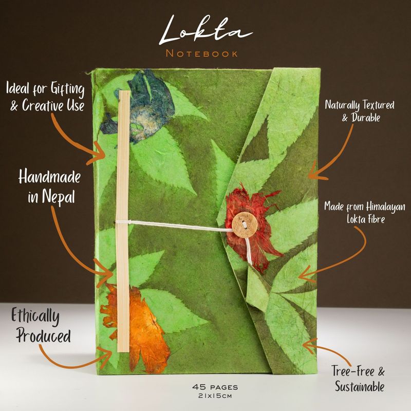 Lrg Lokta Bold Floral Notebook (21x15cm) - 45 leafs - inc bookmark - Moss Green