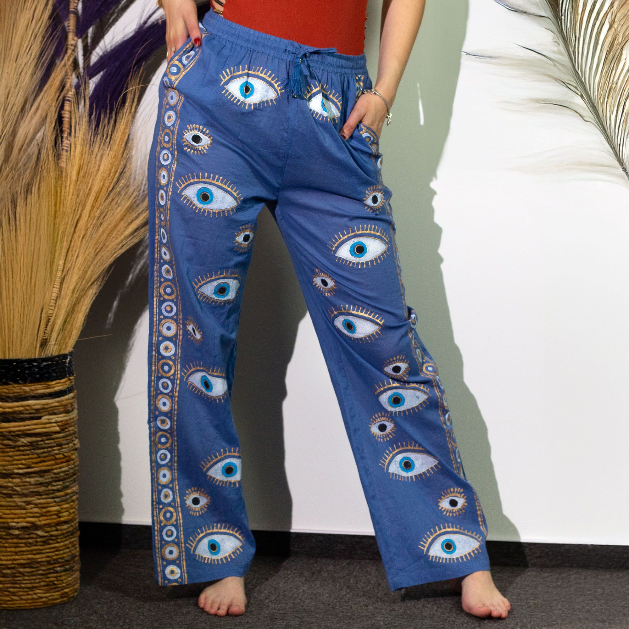 (ML) Nomad Sari On the Med Collection - Lounge Pants - Rich Blue & Gold Hand Painted Evil Eye Design