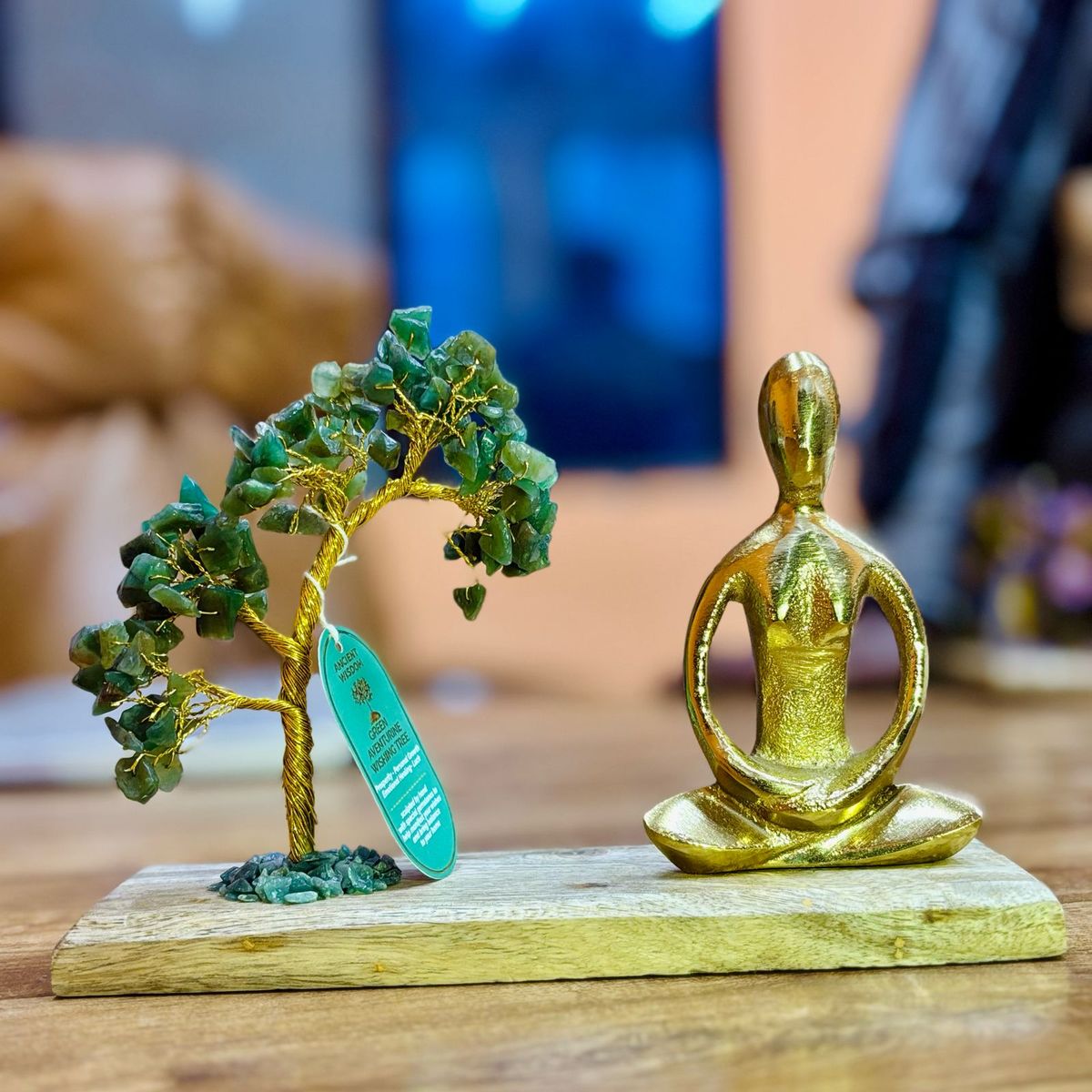 Jardim de Yoga com Pedras Preciosas - Postura Padmasana (postura do lótus) - Aventurina verde - Árvore inclinada - 100 pedrinhas