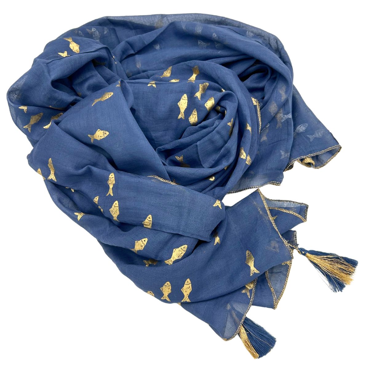 Coleção Nómada Sari Mediterrâneo - Pareo - Desenho de Peixes em Azul Marinho e Dourado