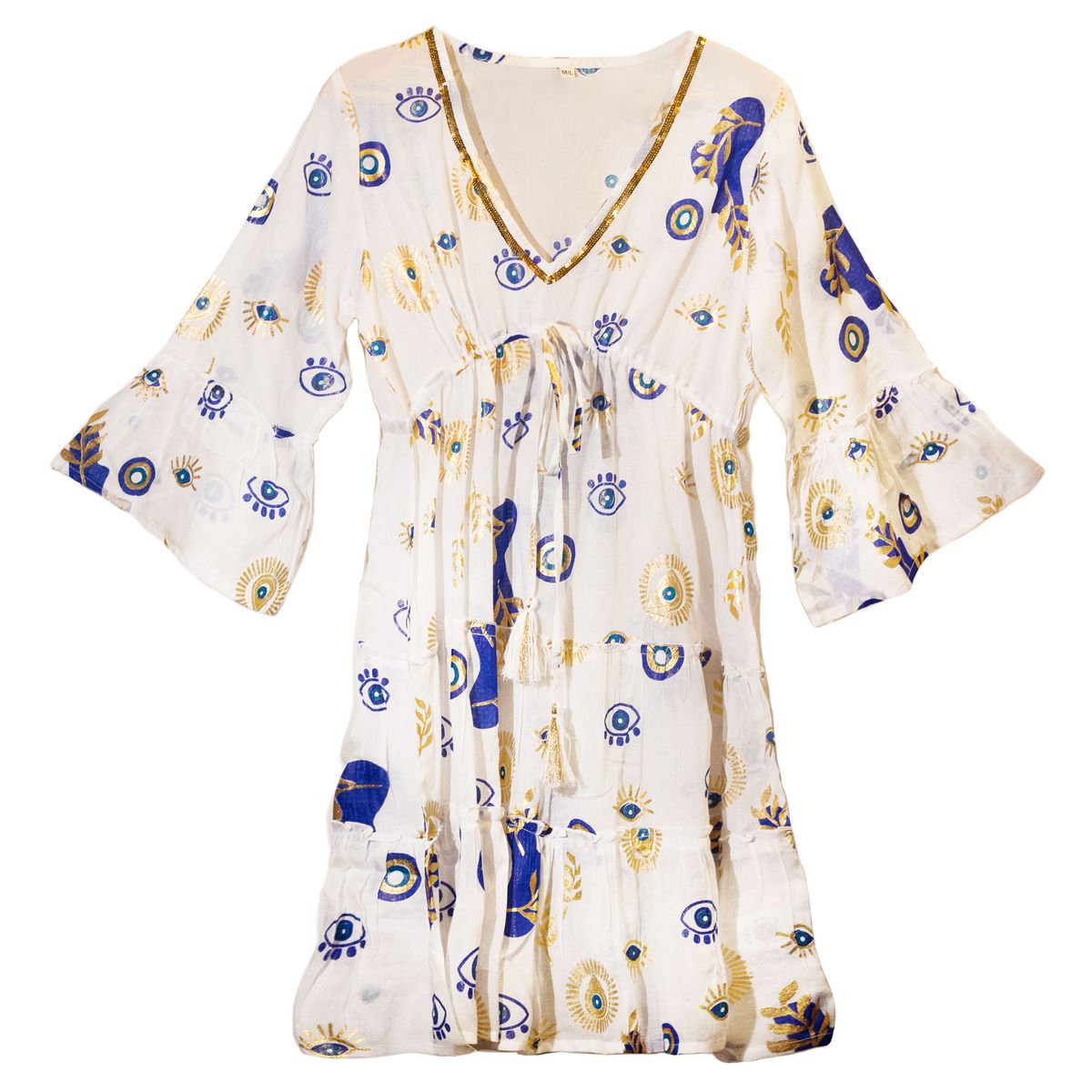 Vestido Nomad Sari Olho do Mal – Branco, Azul e Dourado – Tamanho M/L