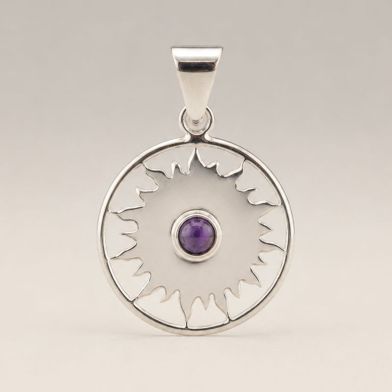 Indian Devotional Pendant - Silver Plated (45cm Cord)- Sun Worship Amethyst