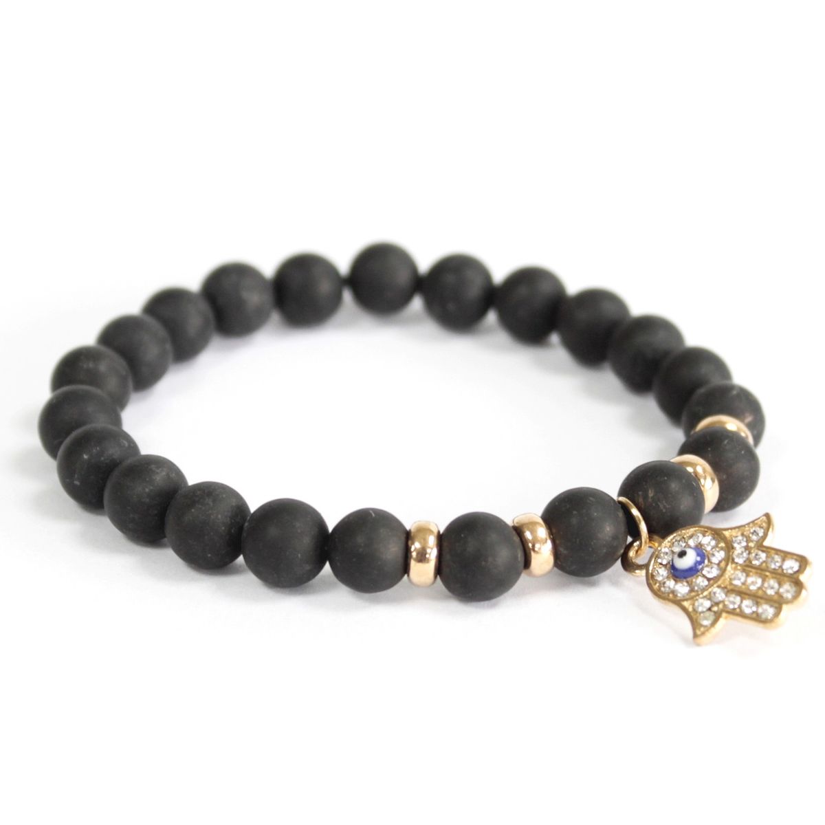 Hamsa / Ágata preta – Pulseira de pedras preciosas