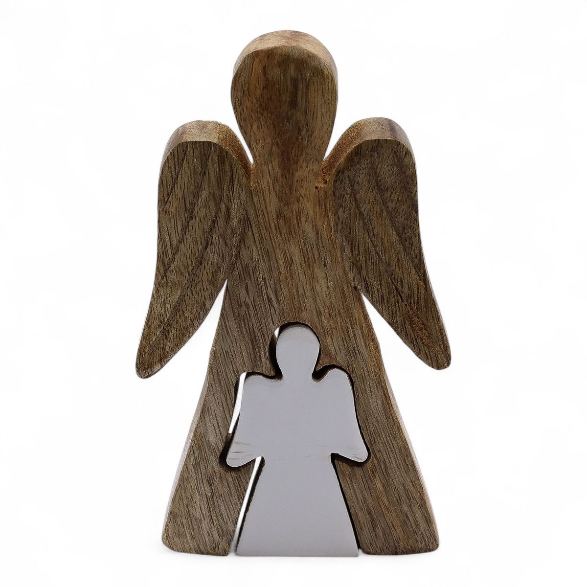 Anjo de madeira de manga em forma de anjo - Esmalte branco - 15 cm