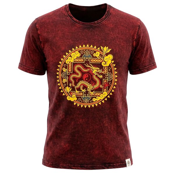 Nomad Sari Camiseta de algodón lavado a piedra - Mandala de Dragón - Granate - XL