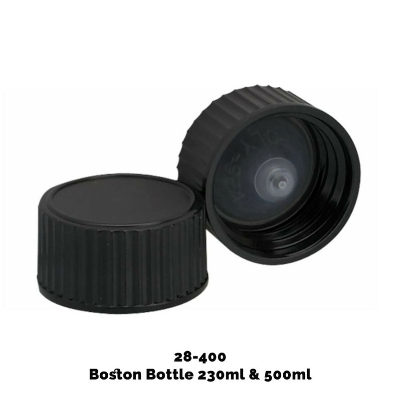 Dop voor Amber Boston Fles (voor 230ml & 500ml) - Zwart Plastic 28-400mm