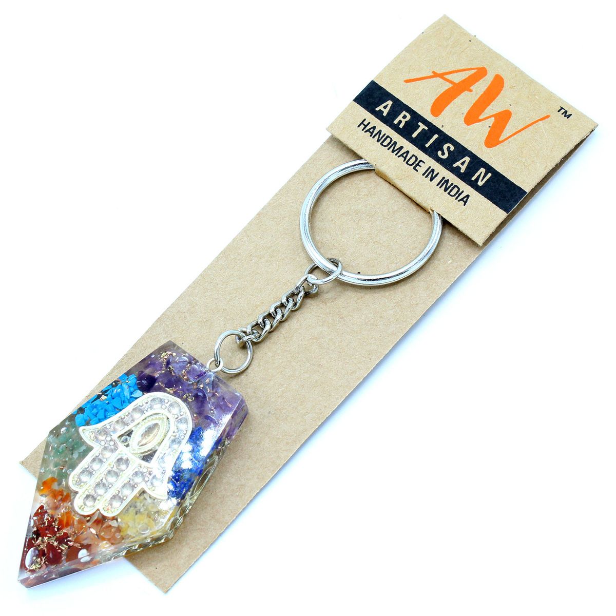 Porta-chaves de poder de orgonite - Pedras Preciosas Chakra Hamsa