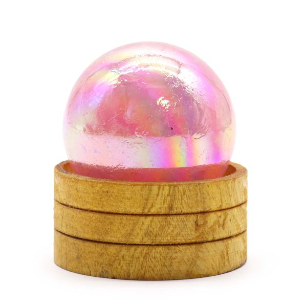 Esfera de cristal de cuarzo rosa de 50 mm con aura de titanio y soporte