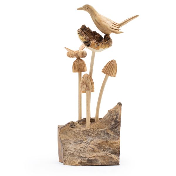 Talla de arte en madera parásita hecha a mano - Pájaro y abeja sobre hongos