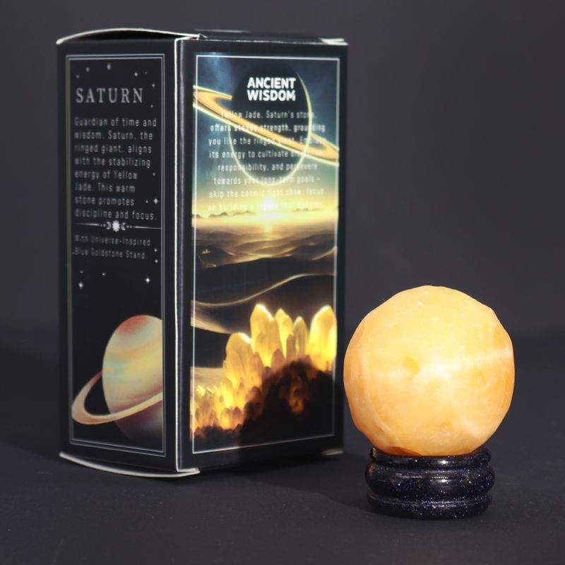 Planète en Jade Jaune socle Goldstone Pierre de soleil