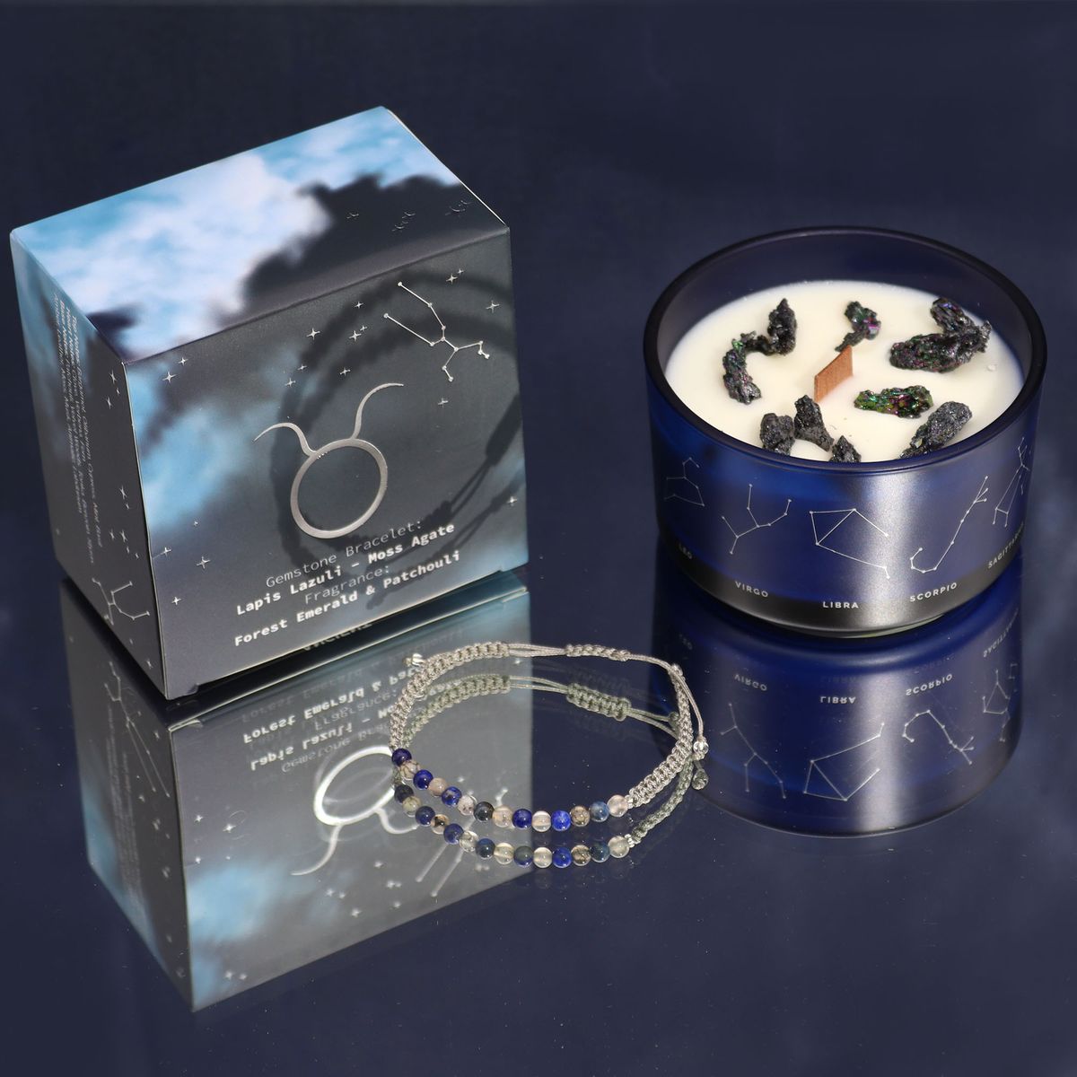 Vela de Cristal do Zodíaco com Pulseira de Pedras Preciosas - Touro