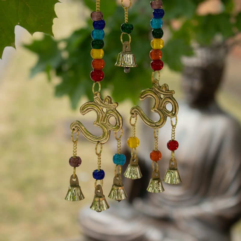Indian Chimes - Brass Om with Chakra Beads - 7 Bells - 9.5x32cm
