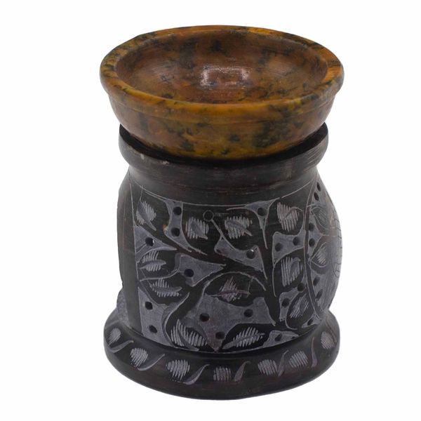 Brûleur à Huile en Stéatite 10cm - Fleur de Mandala - Noir et Jaune