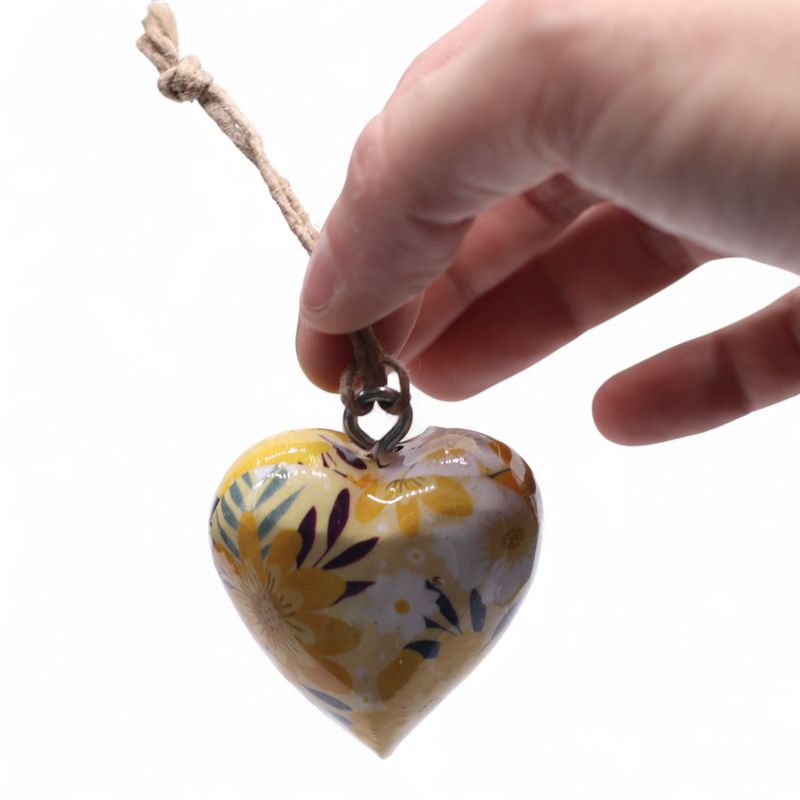 Large Decor Wood Hearts -  Yellow Floral  - in Display Jar