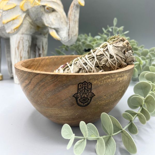 Bol en Bois pour Fumigation et Offrandes Rituelles - Hamsa - 13x7cm