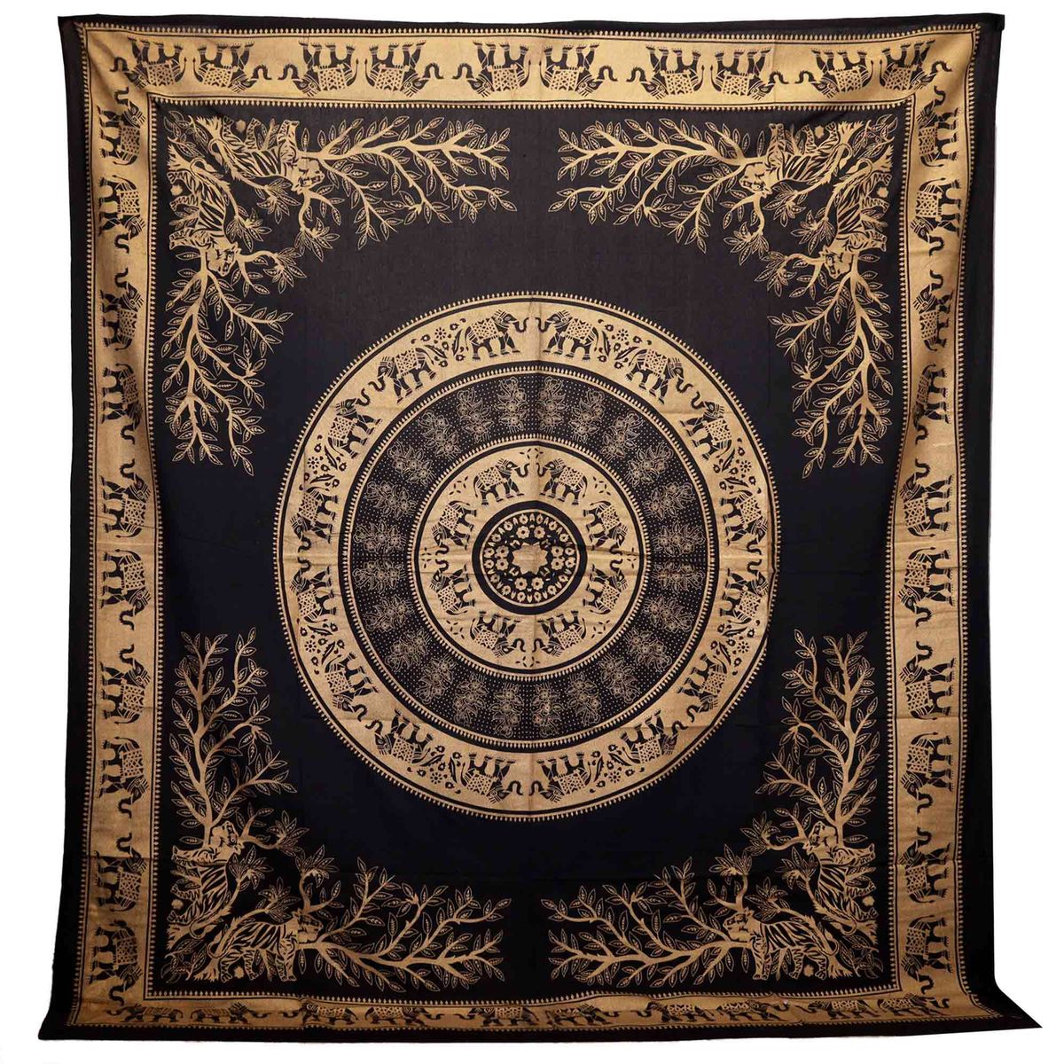 Colcha Dupla de Algodão + Pendente de Parede - Elefante da Selva - Preto Dourado